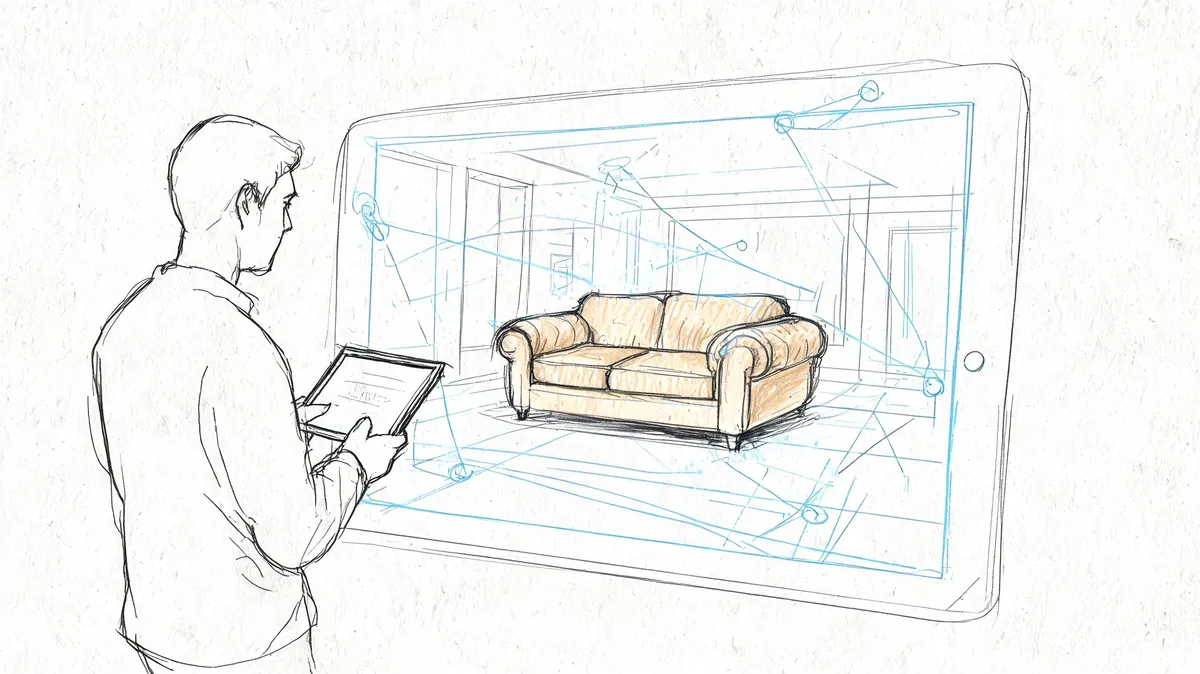 Un designer utilizza un tablet per visualizzare un modello 3d di un divano in un ambiente moderno.