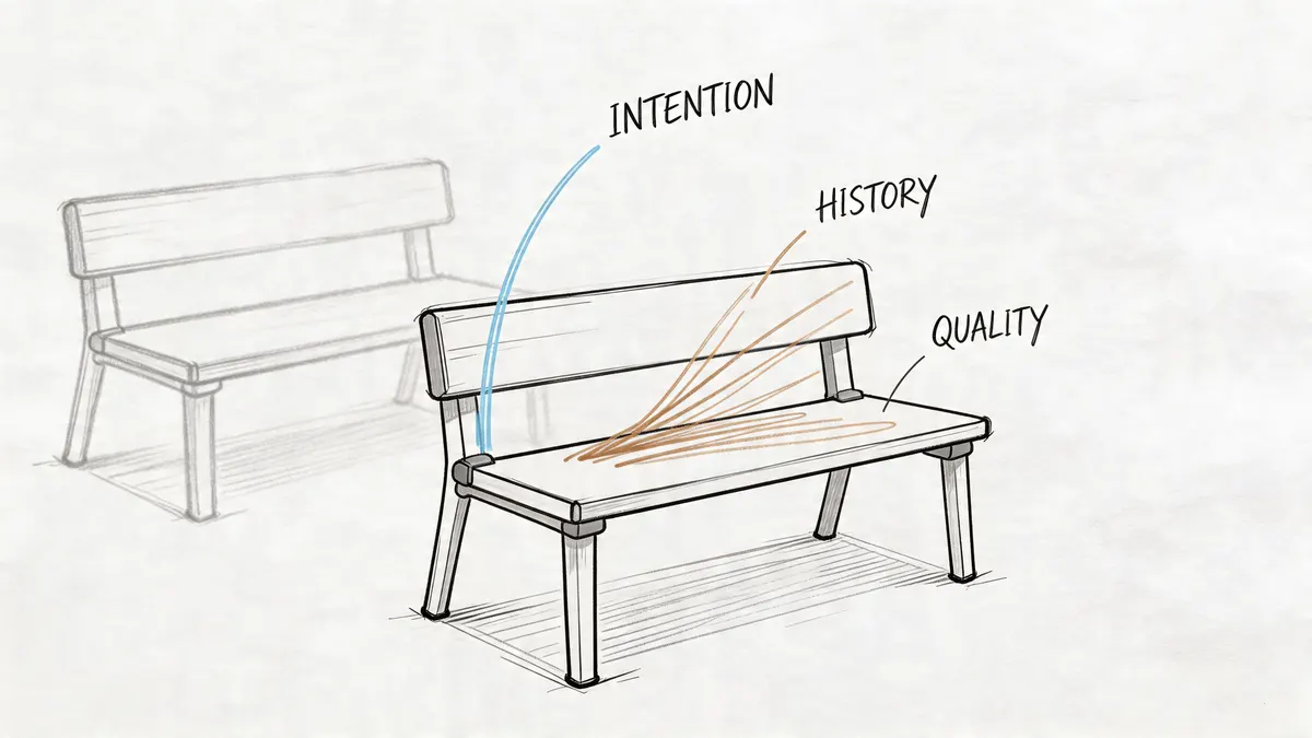 Schizzo concettuale di una panchina di design che illustra i valori di intenzione, storia e qualità progettuale.