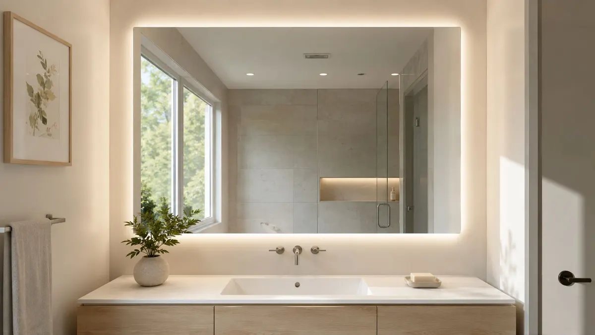 Elegante mobile da bagno moderno con specchio retroilluminato, lavabo bianco incassato e decorazioni minimaliste in una stanza luminosa.