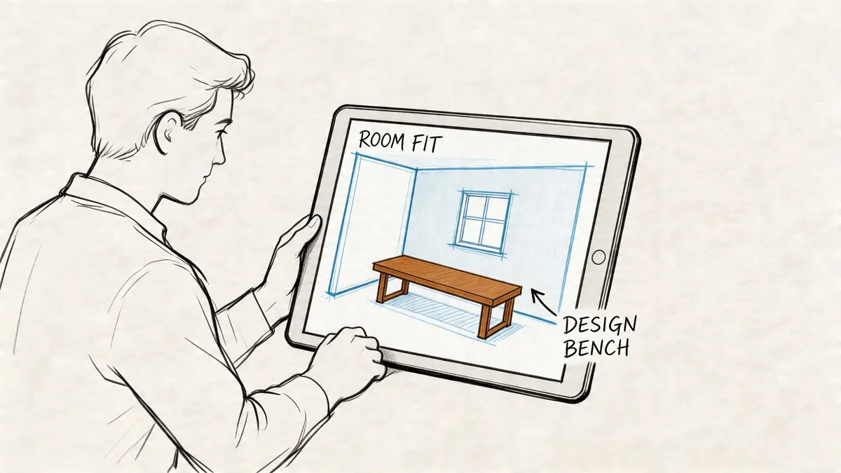 Un uomo utilizza un tablet per visualizzare una panca di design inserita digitalmente all'interno di una stanza.
