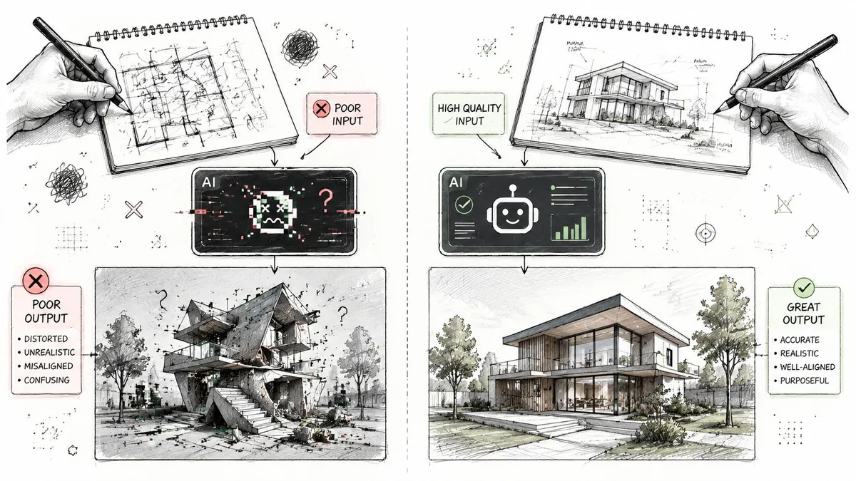 Confronto tra schizzi architettonici imprecisi e disegni dettagliati elaborati dall'intelligenza artificiale per il design della casa.