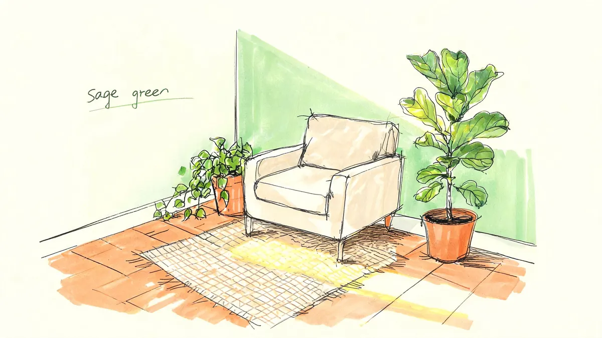 Illustrazione artistica di una poltrona beige con piante in vaso su pavimento in cotto e parete verde.