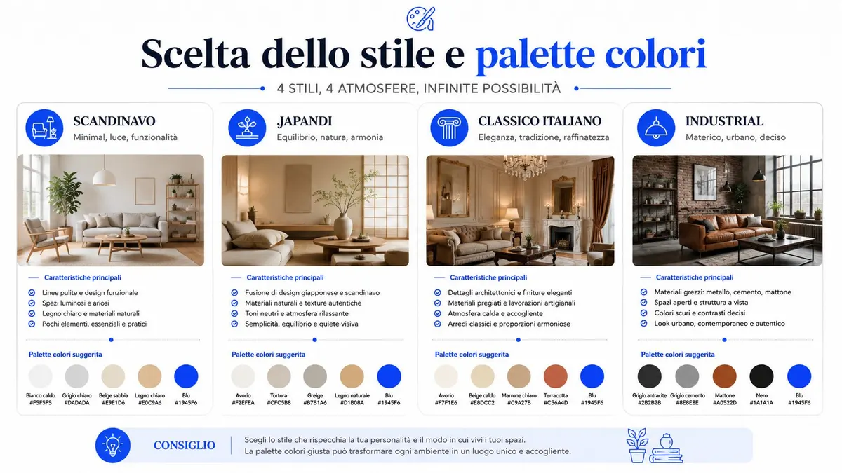 Infografica che illustra quattro stili di arredamento d'interni con relative descrizioni, caratteristiche principali e palette colori consigliate.