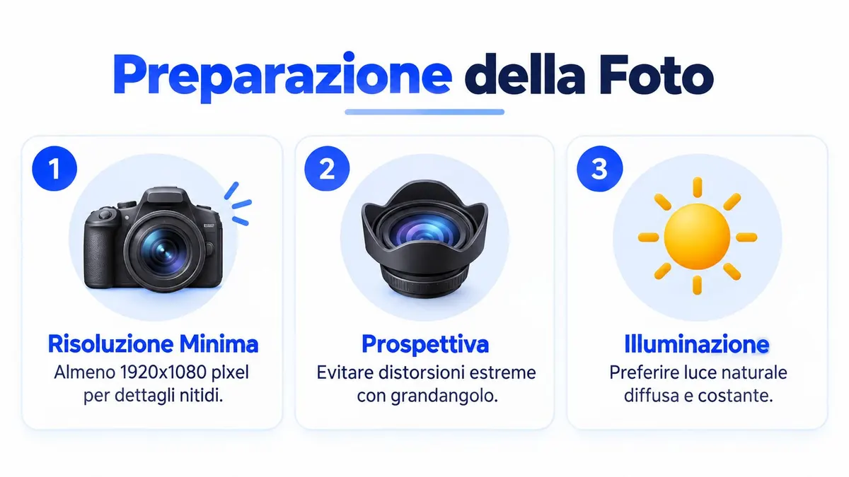 Tre consigli fondamentali per la preparazione di fotografie destinate al rendering 3D, inclusi risoluzione, prospettiva e illuminazione.